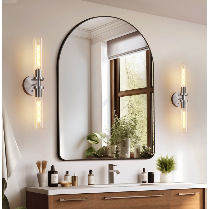 Set of 2 Clear Glass Modern Industrial Vanity Sconces, Matte Black, Chrome