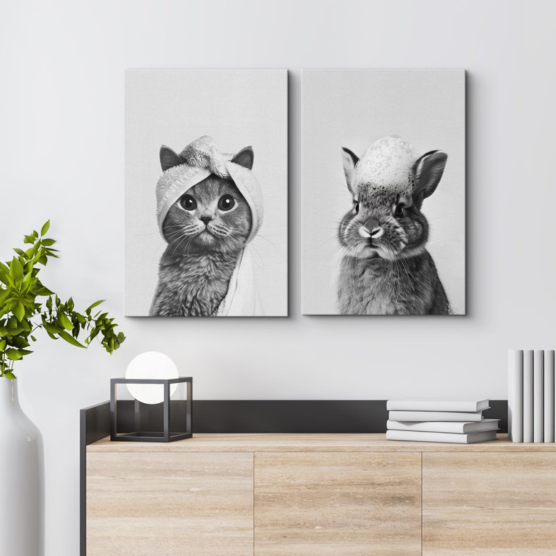«Cat and Rabbit Spa Day», ensemble d'art mural sur toile, impressions encadrées d'humour animal noir et blanc pour décor de salle de bain fantaisiste