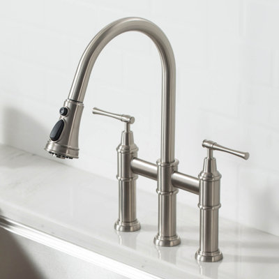 KRAUS Allyn Transitional Bridge Kitchen Faucet with Pull-Down Sprayhead