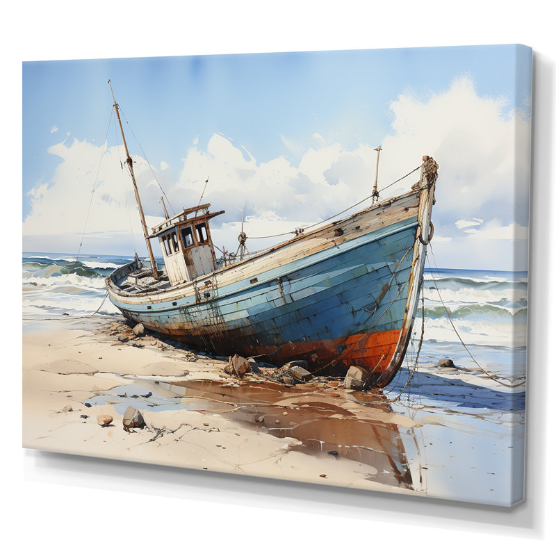 Bateau de pêche à la plage - impression, Toile tendue, H 16 po x l 32 po x P 1 po