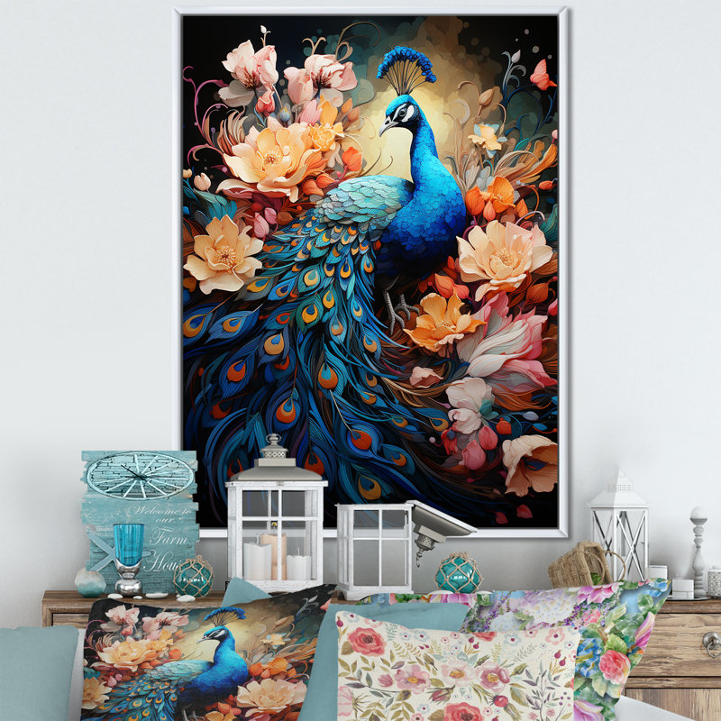 «Majestic Flowerful Peacocks Harmony I» sur toile, Cadre flottant blanc, H 32 po x l 24 po x P 1 po