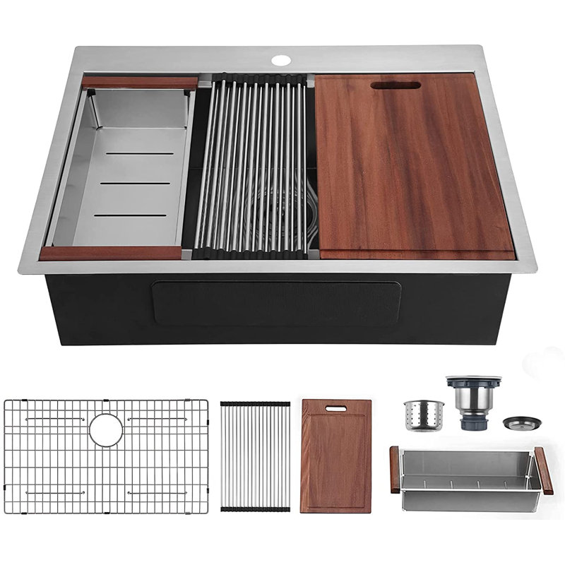 Évier de cuisine à montage sur plan 33 po L x 22 po, Acier inoxydable, Calibre 18