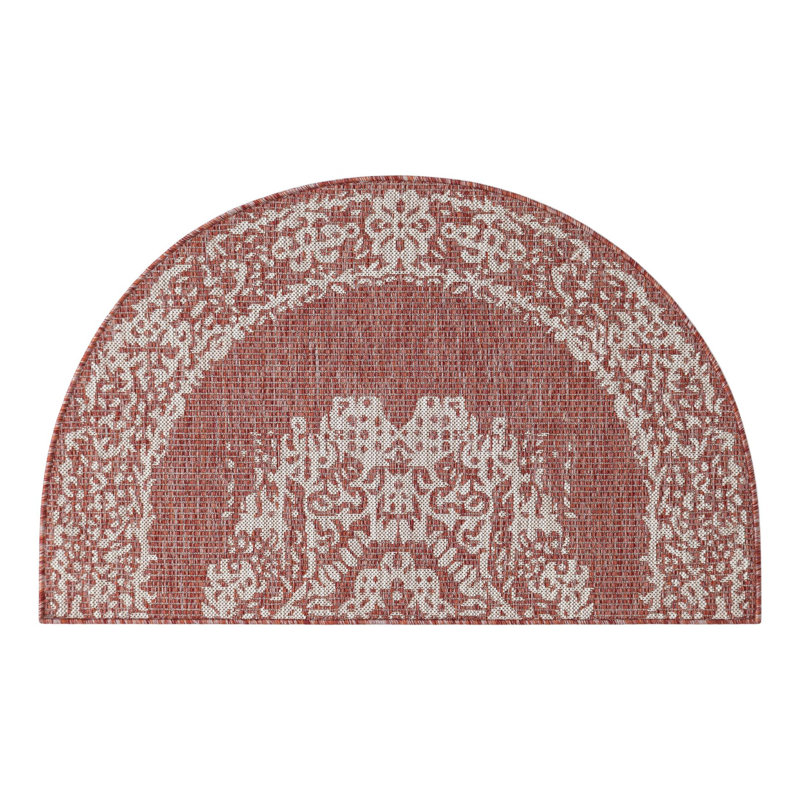 Tapis intérieur / extérieur rouge / beige Cozine, Demi-cercle 3 pi 1 po x 6 pi 1 po