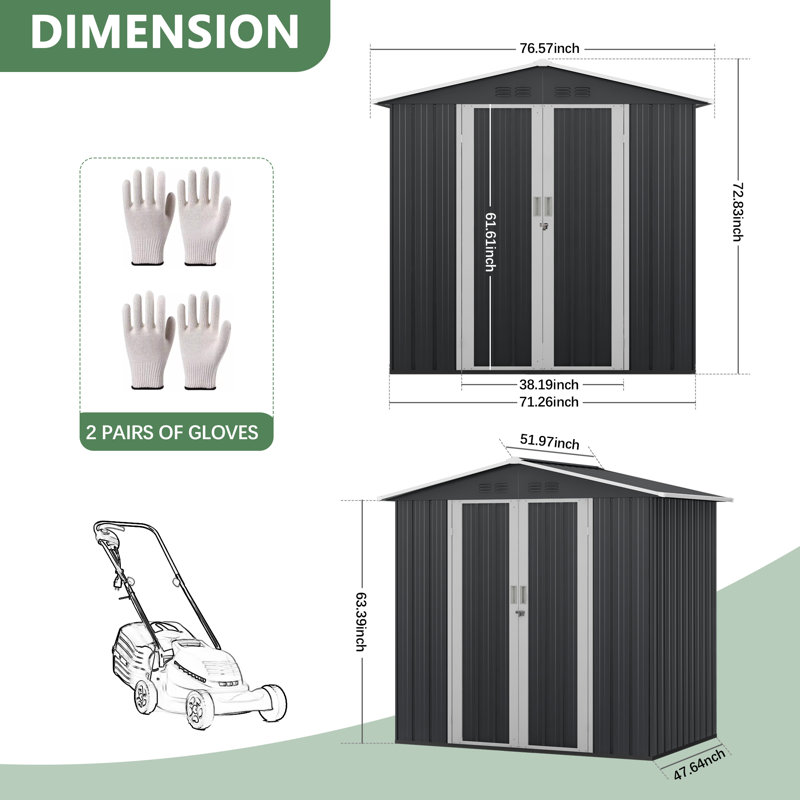 6' x 4' Black Steel Outdoor Storage Shed with Double Doors