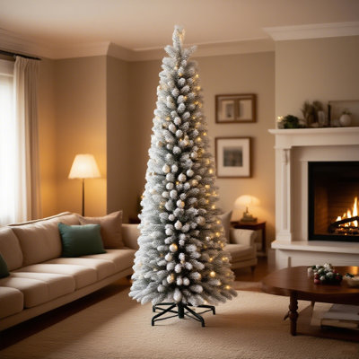 Flocked Pencil Christmas Tree With Warm White LED Lightsm, Slim Snowy PVC Tree With Metal Stand