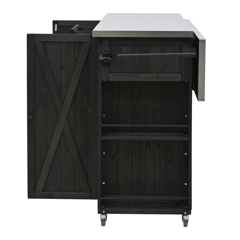 Outdoor Fir Wood Kitchen Island With Stainless Steel Top, Ample Storage, Towel And Spice Racks, Bottle Opener For Outdoor Cooking