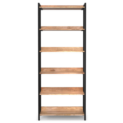 Kelsey 30"W Solid Mango Wood 6 Shelf Modern Industrial Large Bookcase with Metal Frame and Fixed Shelves