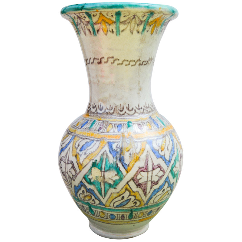 Vase de table en céramique blanc / turquoise / orange / vert 13,5 po intérieur / extérieur