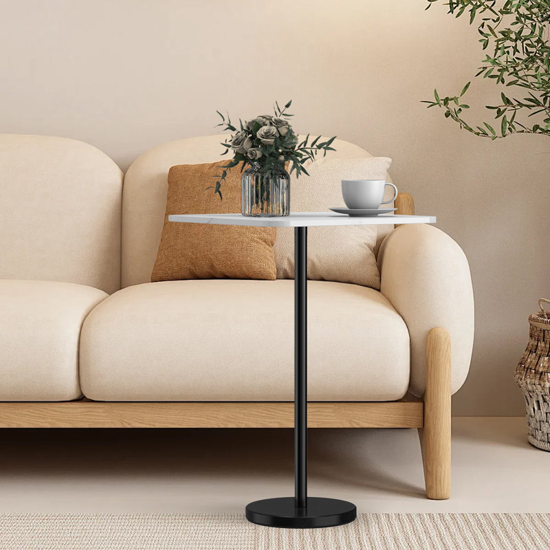 Side Table with White Stone Base and Black Surface, 6.69" H x 17.13" W x 13.19" D, Black, White