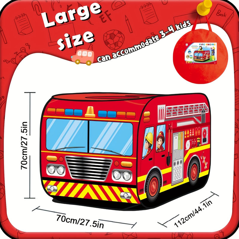 Pop Up Fire Truck Kids Playhouse Tent, Foldable Portable Toddler Game Play Tent For Boys Girls Aged 3-5, Breathable Indoor Outdoor Play Toy, Best Christmas Birthday Holiday Gift For Little Kids