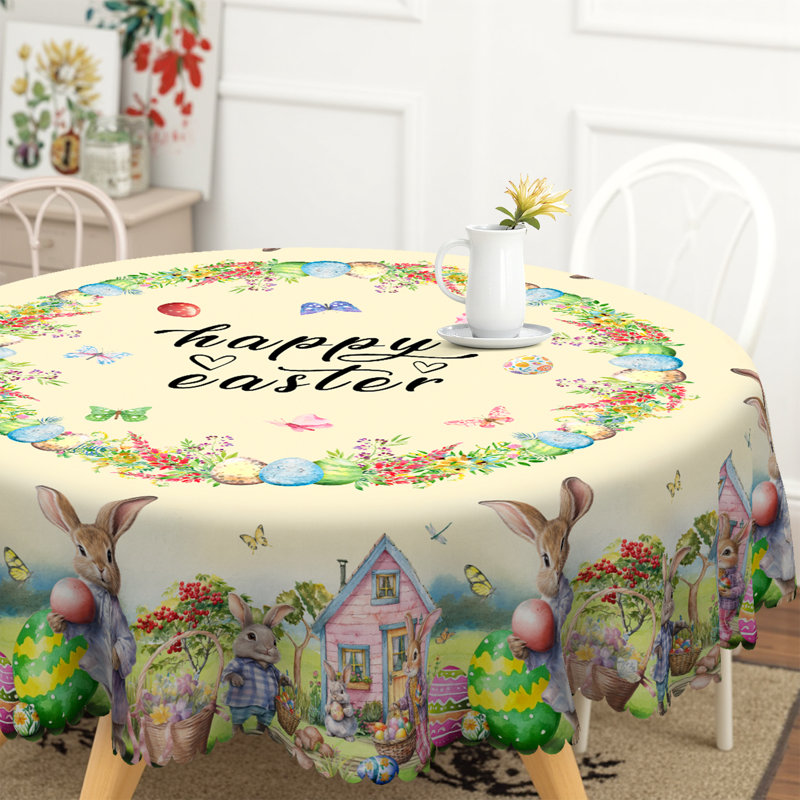 Machine-washable polyester Easter bunny pattern tablecloth, 59.8" Round