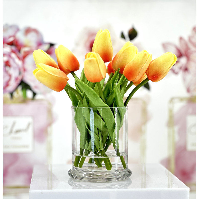 Small Head Faux Tulips In Vase, Small Size Centerpiece, Orange/Yellow