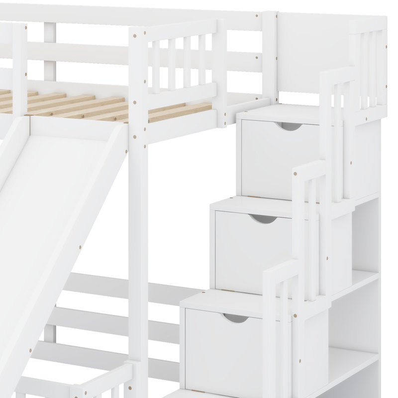 Structure de lit superposé en bois massif avec escalier de rangement, garde-corps de sécurité et bibliothèque, Blanc