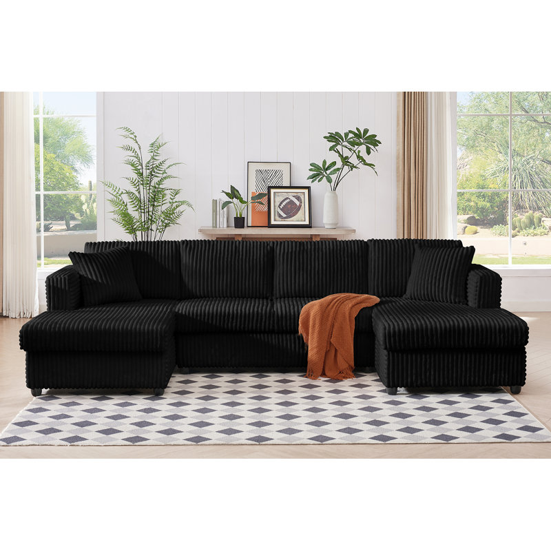 4 Seater Modular Sectional Sofa, U Shaped Extra Large Corduroy With Double Chaises, Black Corduroy