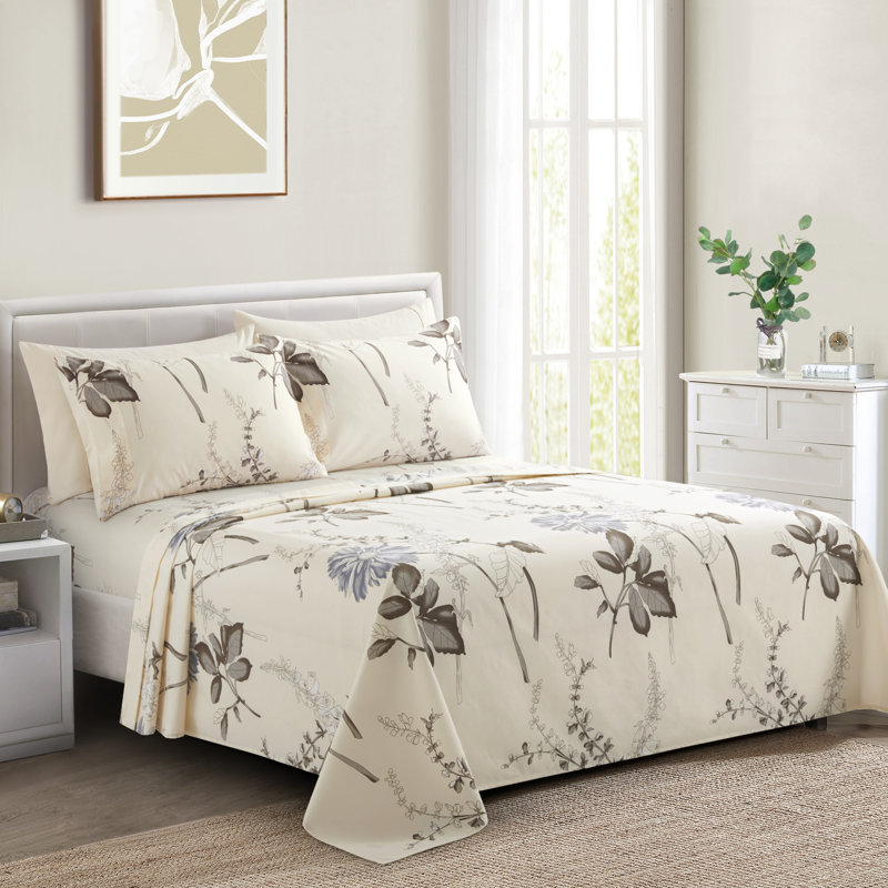Marina Decoration Home Decor Bedding Bedroom Bedsheet Soft Silky Deep Pocket Rayon from Bamboo All Season 6 Pieces Printed Sheet Set with 4 Pillowcases, Blue Chrysanthemum Floral Pattern King Size