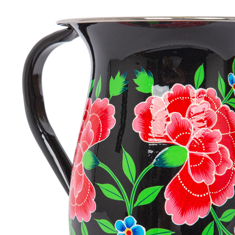 East Urban Home Hand-Painted Picnic Water Jug with 300ml Cups - 1.7L - Cotton Peony, Black