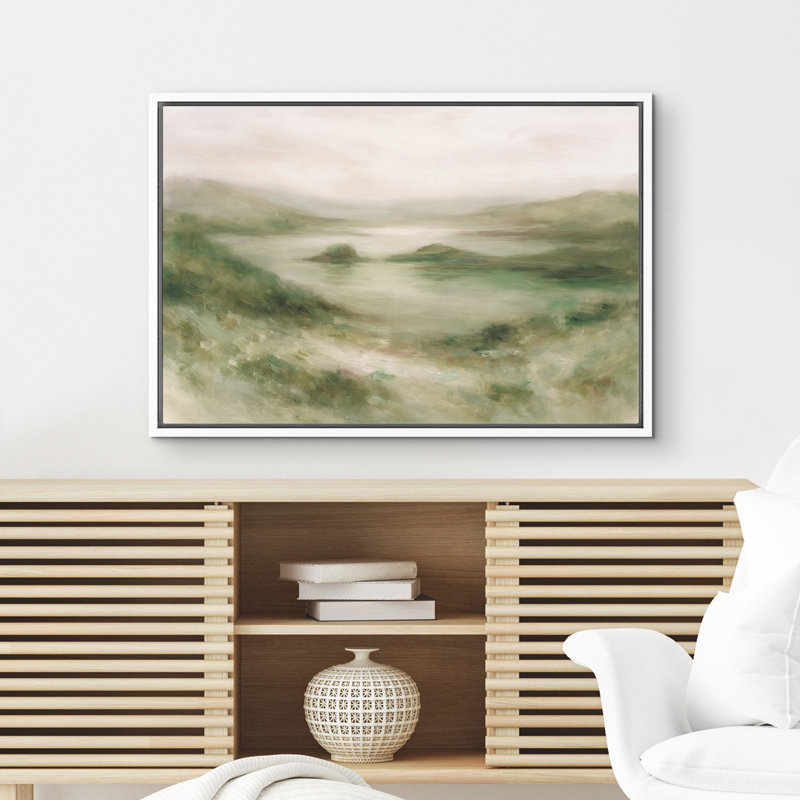 Douce colline verte surplombant un lac tranquille, reproduction d'art sur toile encadrée dans la chambre principale, Blanc