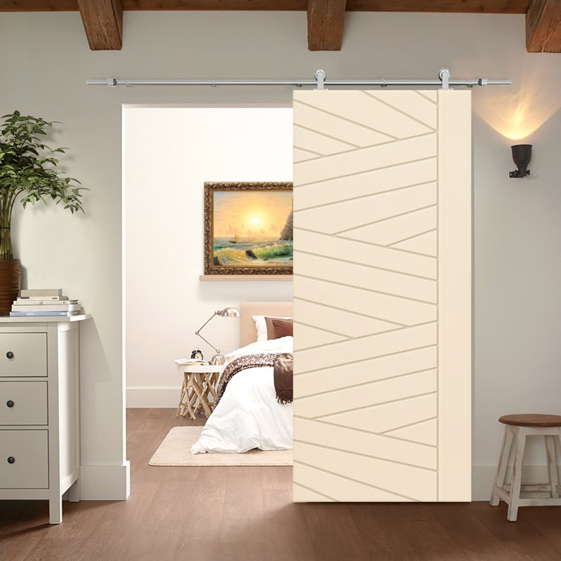Porte de grange à panneaux et en bois manufacturé avec quincaillerie d'installation, 42 po x 80 po, Beige, Acier inoxydable