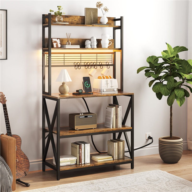 5-Tier Kitchen Baker’s Rack with Colourful Light Strip, Rustic Brown/Black