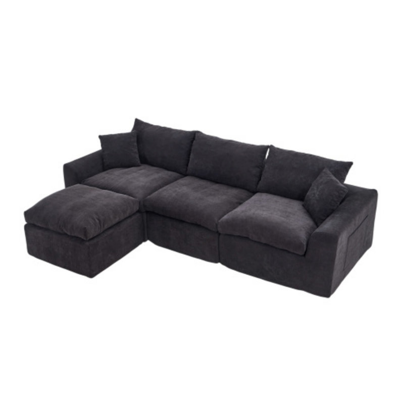 Canapé d'angle convertible modulable en chenille noire de 280 cm avec méridienne, mousse 32D, Chenille noir, Noir