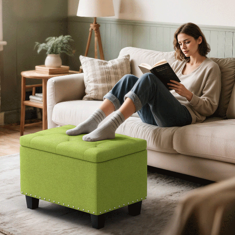 25" Storage Ottoman, Entryway Bedroom Tufted Bench Footrest Stool Footstool with Safety Hinge & Legs, Green