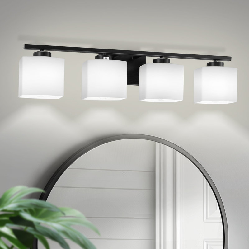 Modern 4-Light Black Vanity Fixture With Frosted Glass Shades
