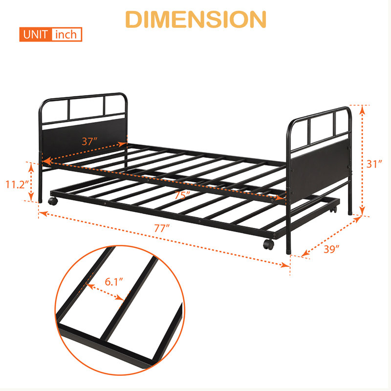 Metal Daybed Platform Bed Frame With Trundle Built-In Casters, Twin Size
