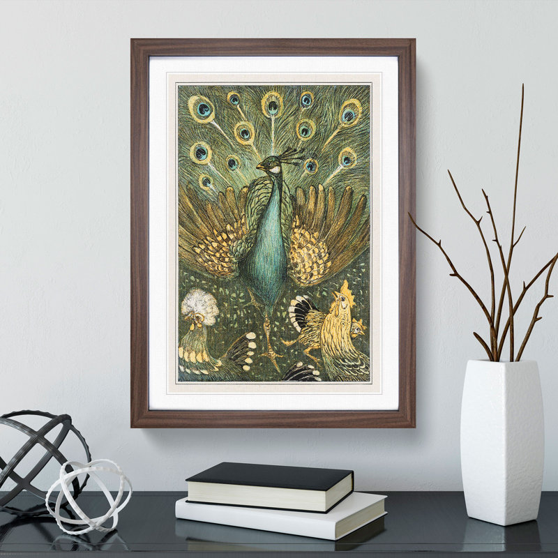 Peacock with Chickens by Theo Van Hoytema - Framed Print, 65cm H x 48cm W x 2cm D, Walnut Framed