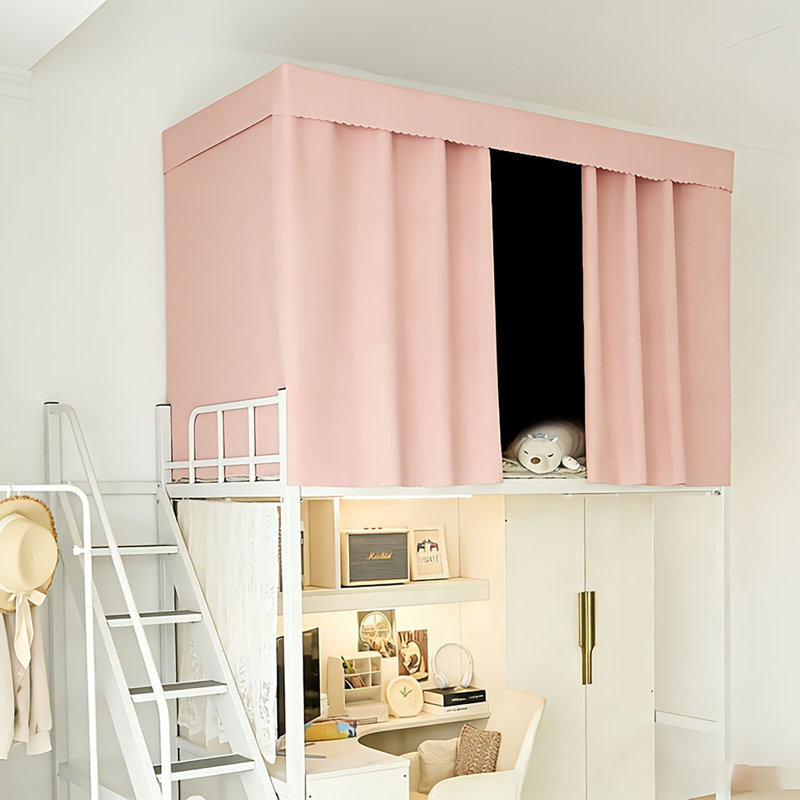Rideau de lit superposé rose occultant avec panneau de plafond et cadre en acier inoxydable, auvent de lit pour dortoir, rideau d'intimité pour lit simple étudiant