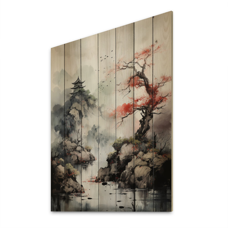 Art asiatique, paysage de Samouraïs I sur bois, H 40 po x l 30 po x P 0,78 po
