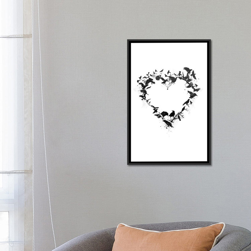 « oiseau cœur », impression sur toile tendue, H 26 po x l 18 po x P 1,5 po, Toile avec cadre noir, Pas de tapis