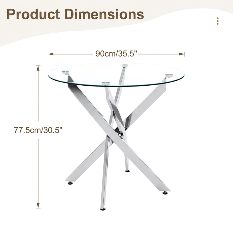 Table de cuisine ronde en verre de 35,5 po avec pieds, finition brillante, idéale pour les rassemblements dans de petits espaces, les rassemblements compacts et stables,