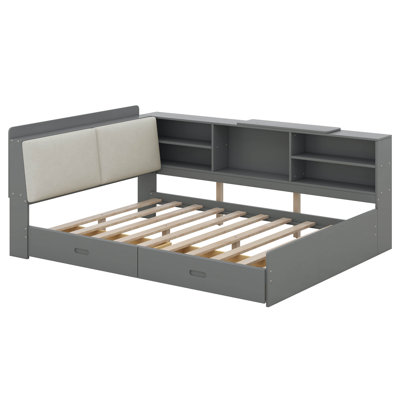 Platform Bed Frame With Hidden Storage Headboard, Rotatable Holder, Side Bookcase & 2 Drawers