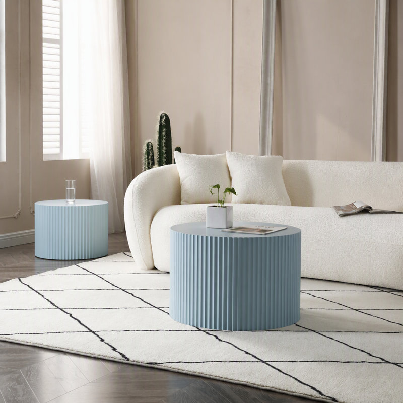 Ensemble de 2 tables gigognes en MDF, table basse ronde artisanale pour salon/espace détente, bleue, Bleu clair