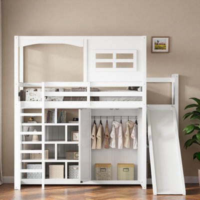 Lit mezzanine simple avec garde-robe, tablettes de rangement, glissoire et DEL