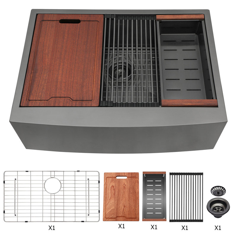 Évier de cuisine en acier inoxydable à tablier simple 33 x 22 x 10 po avec station de travail - noir mat, haute température, sécuritaire pour les articles chauds - Surface, votre