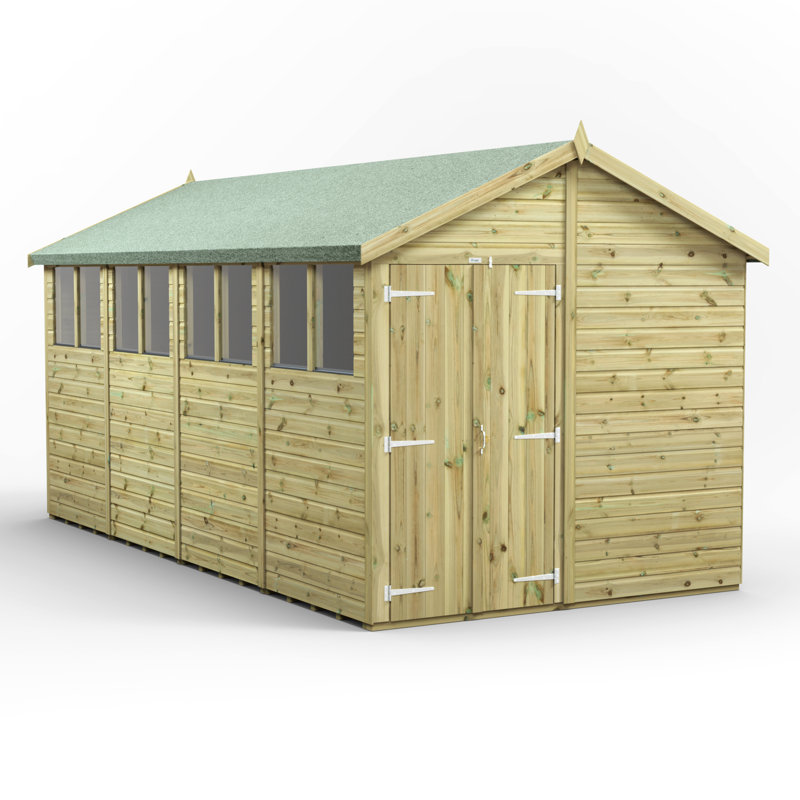 Powersheds 16 x 8ft Premium Pressure Treated Timber Apex Garden Shed, Double Doors