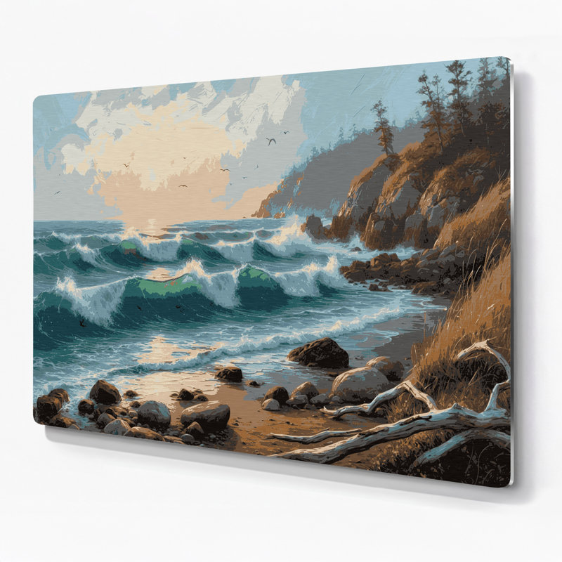 Art mural gris en métal Coastal Seaside Escape