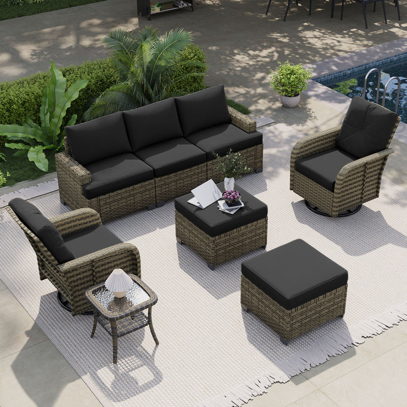 Ensemble de patio en osier tissé à la main 8 pièces avec chaises pivotantes 8 pièces, Noir / gris foncé