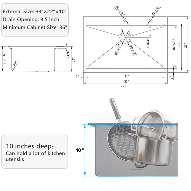 33-inch Drop-In 16 Gauge Stainless Steel Kitchen Sink with Integrated Ledge and Accessories, Durable and Space-Saving Design