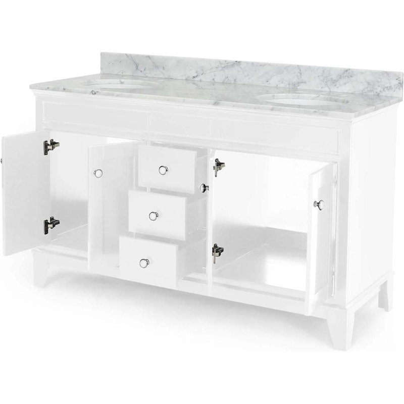 Meuble-lavabo 61 po avec comptoir en marbre et deux lavabos en céramique 61 po, Blanc