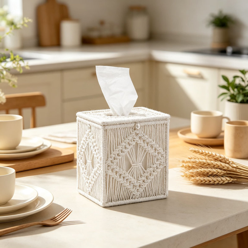 Boîte à mouchoirs en macramé avec fond ouvert, porte-mouchoirs en corde de coton tissé à la main pour boîtes carrées, organisateur de style bohème pour chambre, salle de bain, salon, bureau, ensemble de deux