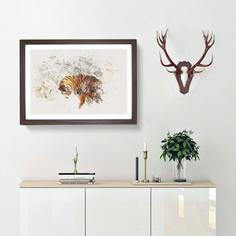 Mother Tiger & Cub in Winter - Picture Frame Graphic Art Print, 45cm H x 63cm W x 2cm D, Walnut Framed
