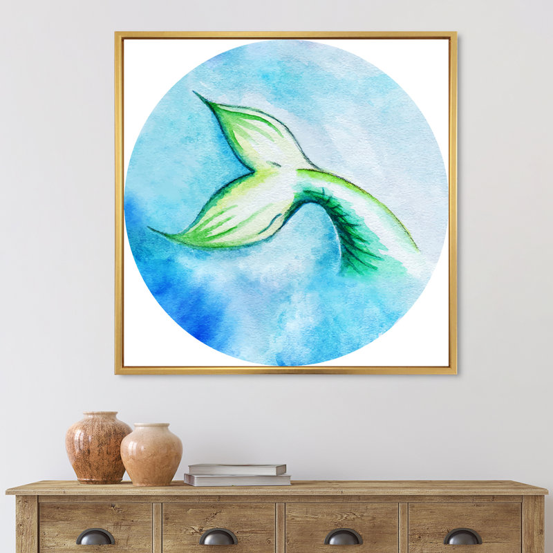 «Mermaid Fish Tail», peinture sur toile, H 16 po x l 16 po x P 1 po, Cadre flottant doré