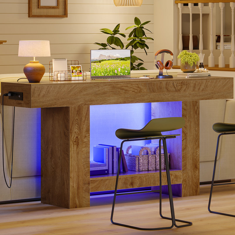 63" Console Table, Large Entryway Table, 2-Tier Behind The Couch Table With Charging Station And Rgb Led Lights, Farmhouse Console Tables For Entryway, Living Room, Entrance, Hallway