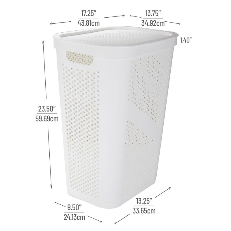 Slim Laundry Hamper With Lid, 60L Clothes Basket, Ventilated Plastic, White