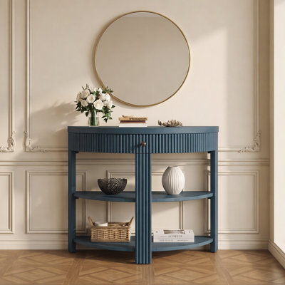 Console demi-ronde en bois massif cannelé avec tiroir et 2 tablettes