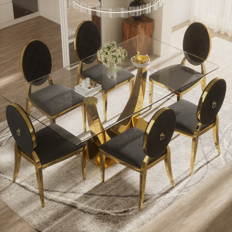 Ensemble de table de salle à manger rectangulaire en verre trempé avec fauteuil Luxtry, Noir, Doré, 7