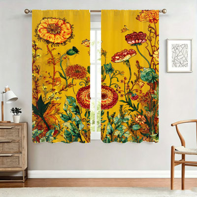 2 pièces de rideaux à motif floral botanique, tissu filtrant la lumière, imprimé de fleurs vibrantes rétro, parasol et protection de la vie privée, conception à passe-tringle, convient au salon, à la chambre, au balcon, à la cuisine, à la maison