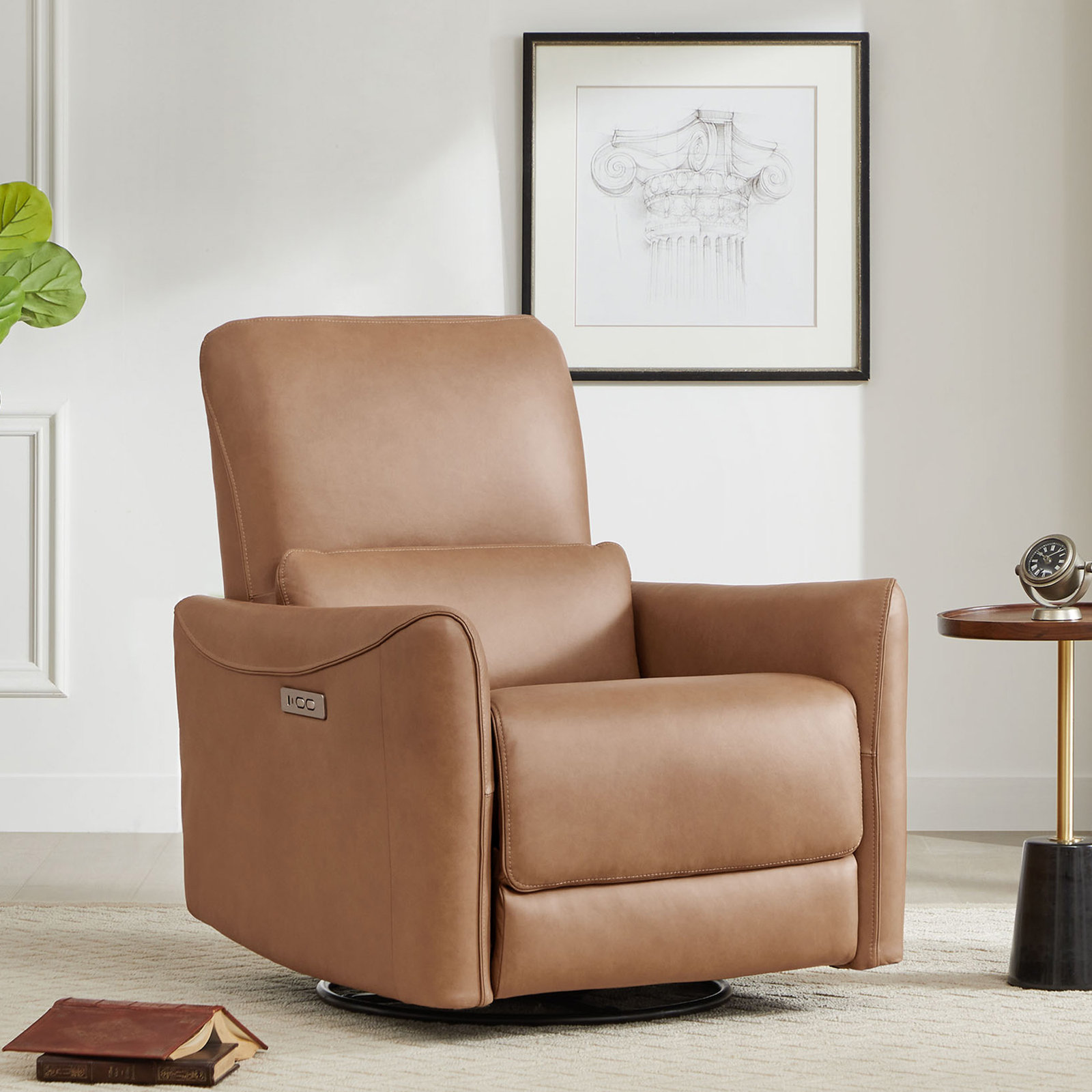 Santo 33" Genuine Leather Swivel Power Recliner, Aline Butternut Top Grain Leather